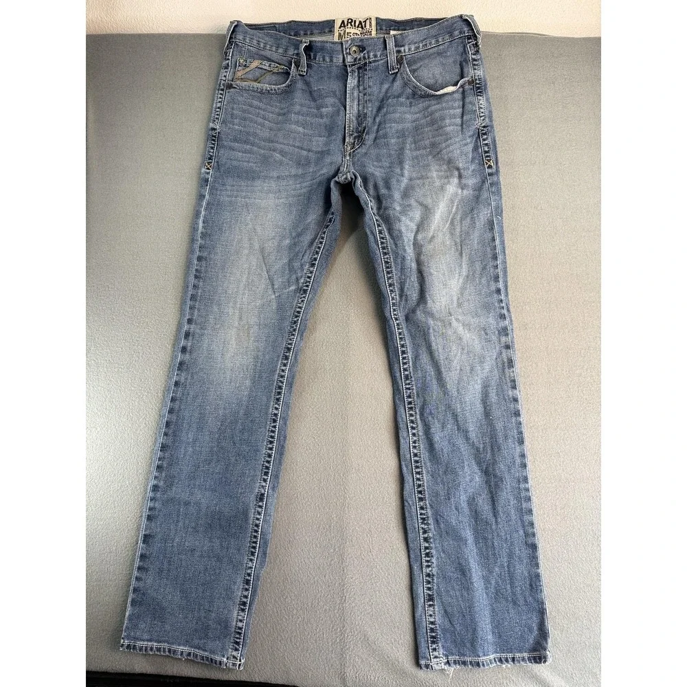 Ariat M5 Slim Straight Jeans Mens 38x36 Med Wash Blue Straight Distressed Denim